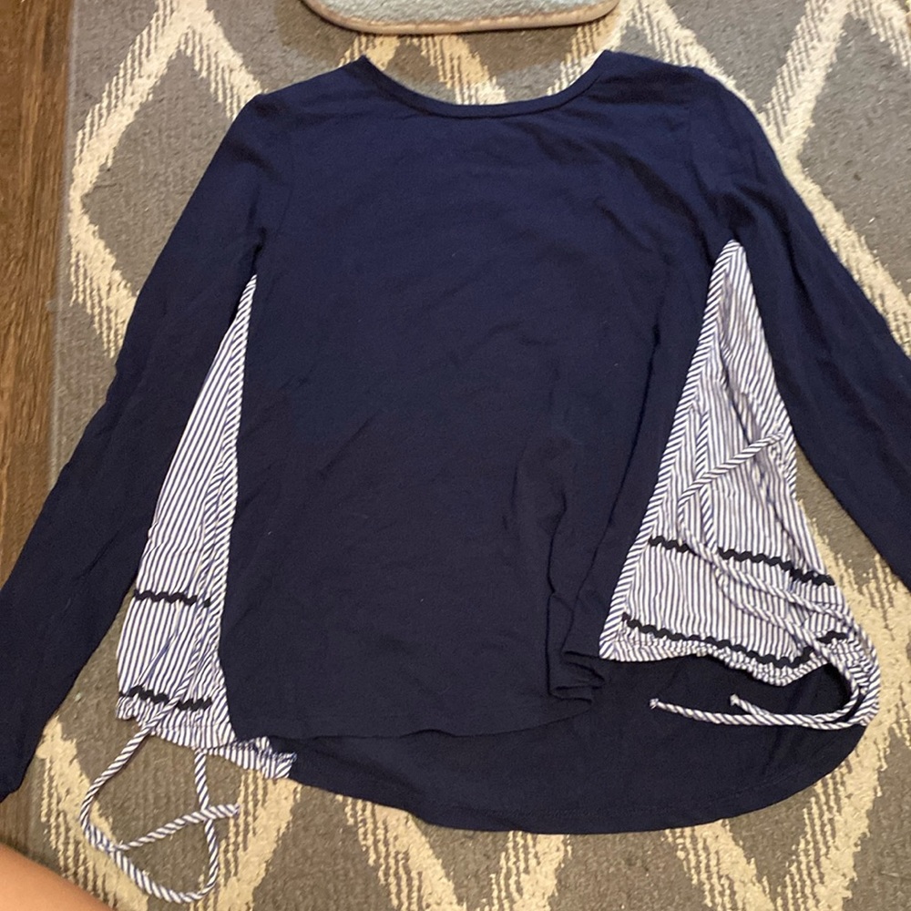 navy blue and white blouse top